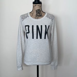 PINK S Ladies Light Gray Shirt. Long sleeves. Animal print shoulders.